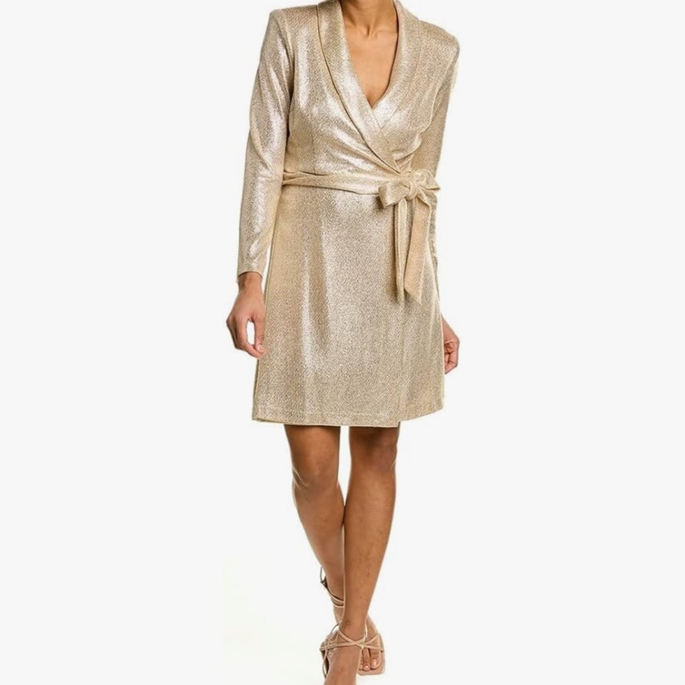 Adrianna Papell Long Sleeve‎ Stretch Metallic Mock Wrap Tuxedo Dress New
